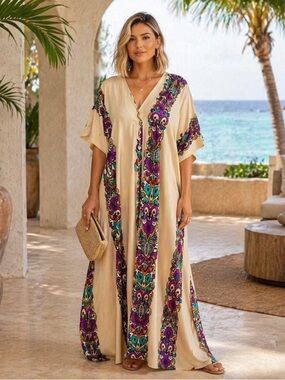 NWT 🌴 ZARA Multicolor Boho Printed Tunic Kaftan Maxi Dress | Resort Statement